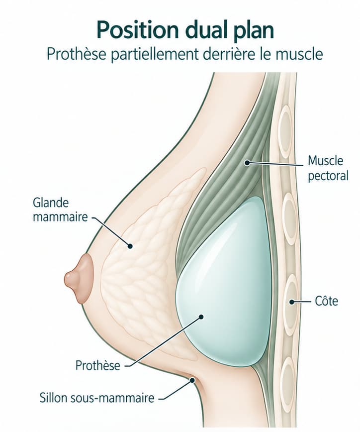 Position dual plan : le muscle pectoral recouvre la partie supérieure de la prothèse. La glande mammaire, les côtes et le sillon sous-mammaire sont repérés.