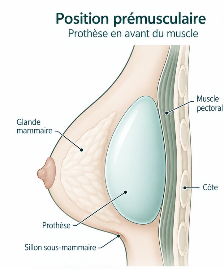 Position prémusculaire : la prothèse est devant le muscle pectoral, derrière la glande mammaire. Les côtes et le sillon sous-mammaire sont repérés.